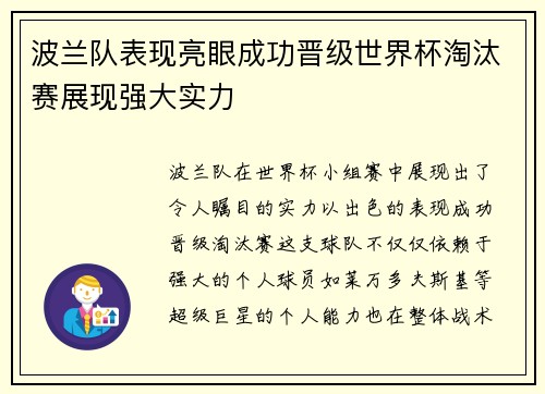 波兰队表现亮眼成功晋级世界杯淘汰赛展现强大实力