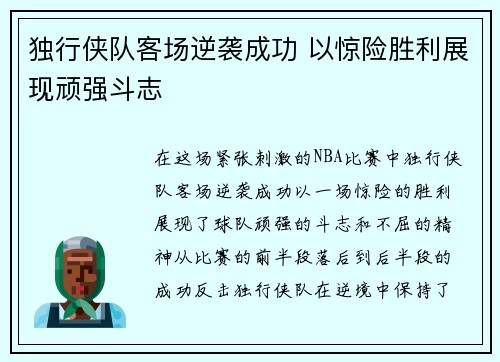 独行侠队客场逆袭成功 以惊险胜利展现顽强斗志