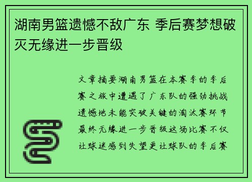 湖南男篮遗憾不敌广东 季后赛梦想破灭无缘进一步晋级