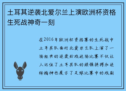 土耳其逆袭北爱尔兰上演欧洲杯资格生死战神奇一刻