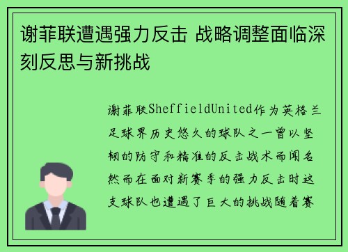 谢菲联遭遇强力反击 战略调整面临深刻反思与新挑战