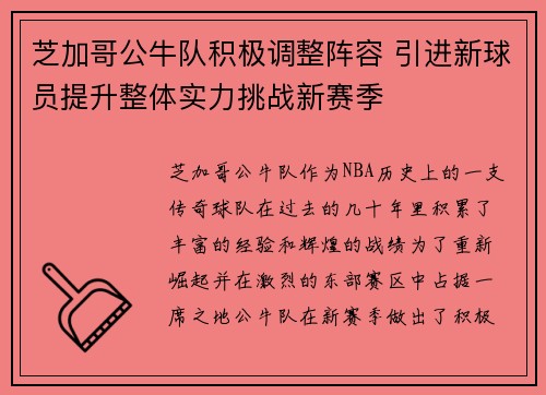 芝加哥公牛队积极调整阵容 引进新球员提升整体实力挑战新赛季